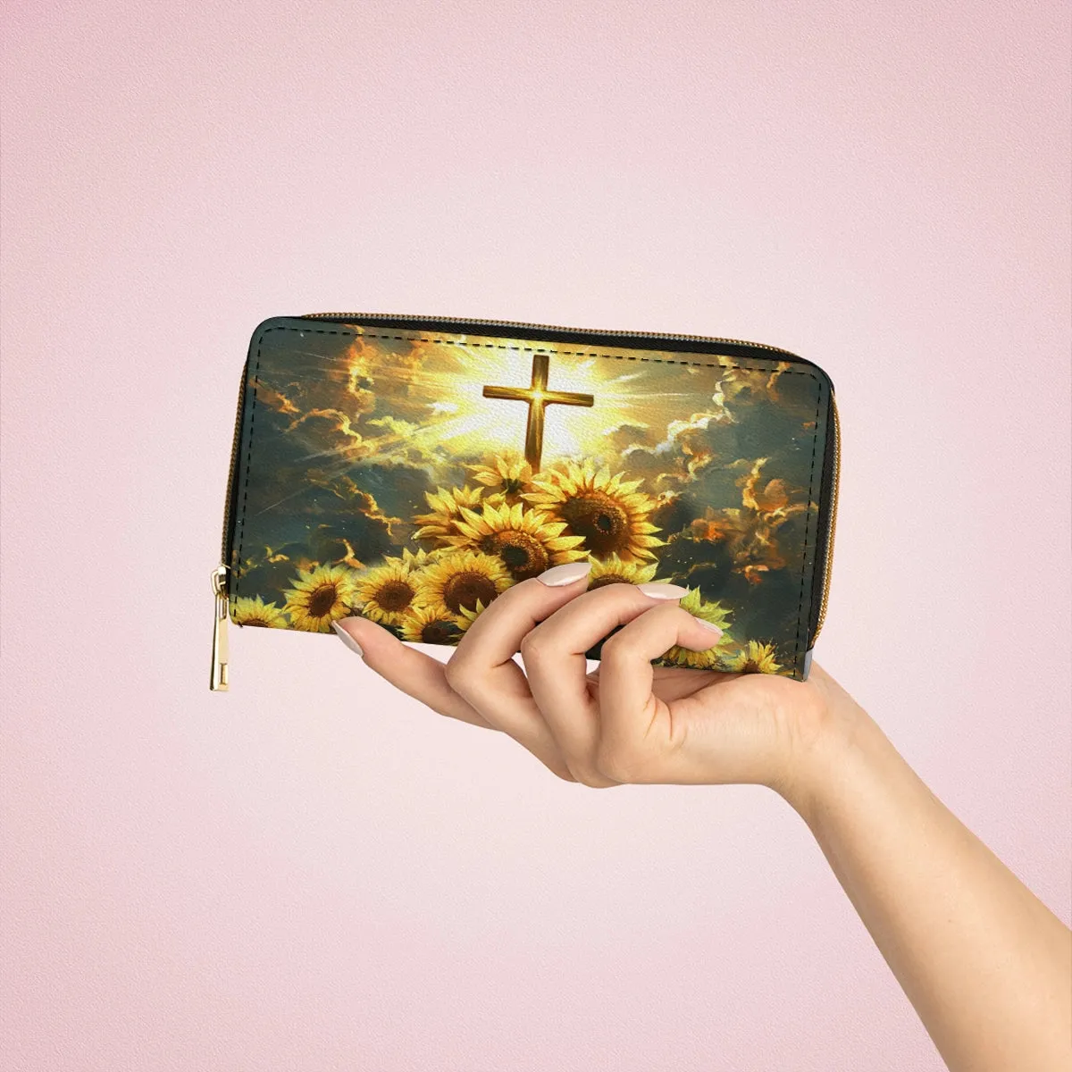 Shineful Leather Clutch Purse With Wristlet Strap Handle Sunflower Faith Light