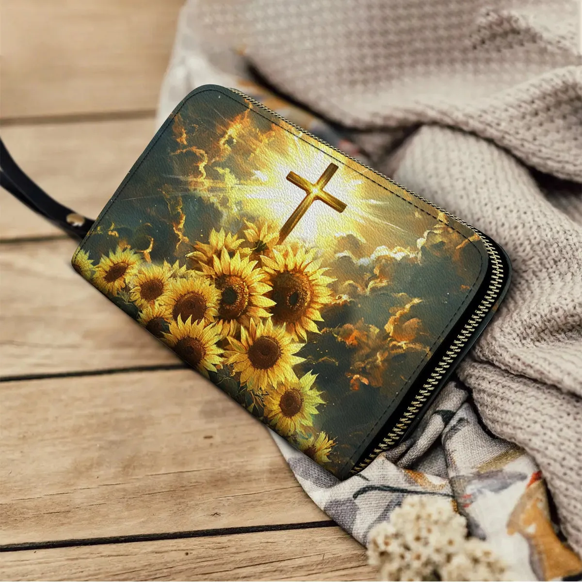 Shineful Leather Clutch Purse With Wristlet Strap Handle Sunflower Faith Light