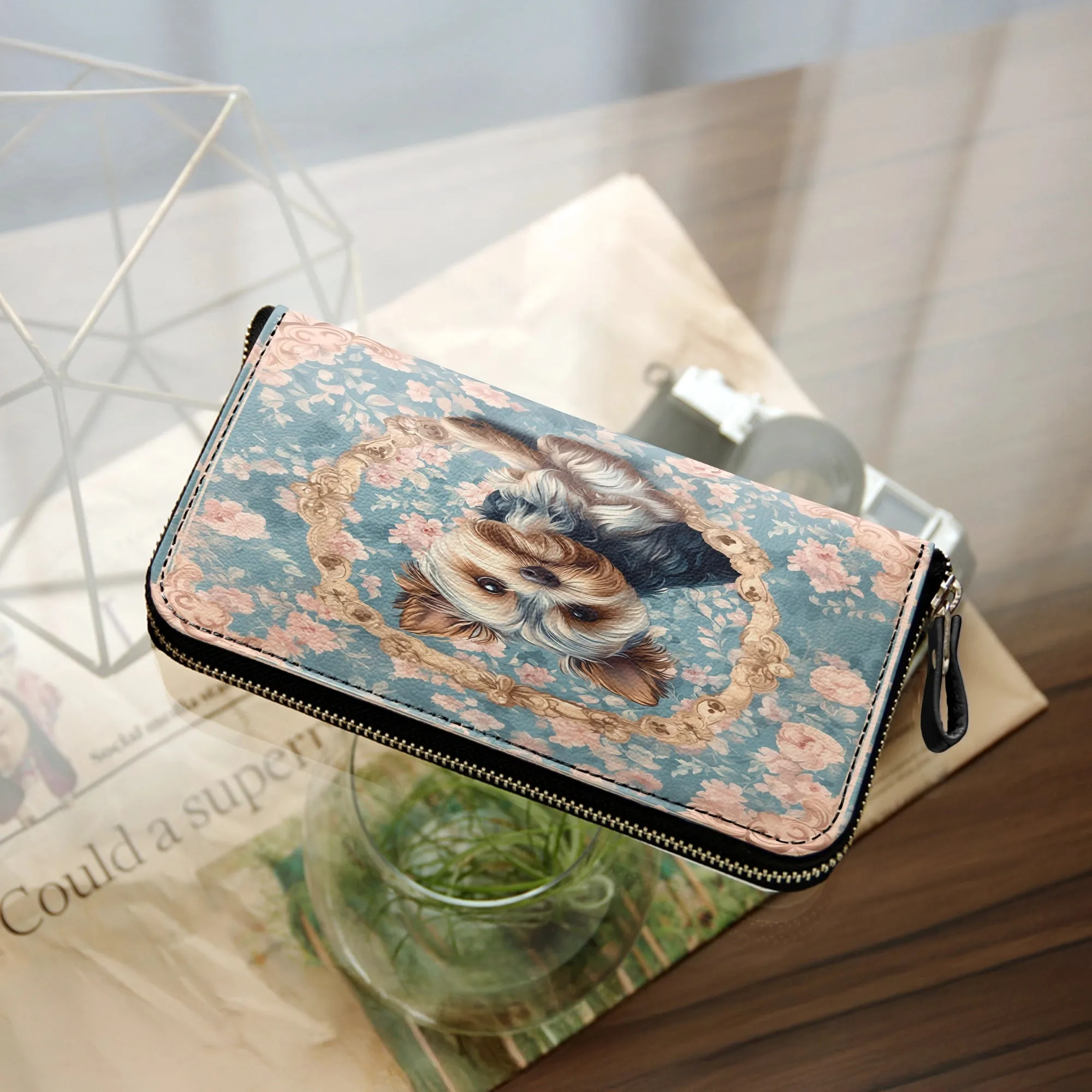 Shineful Leather Clutch Purse With Wristlet Strap Handle Yorkie Blossom Elegance