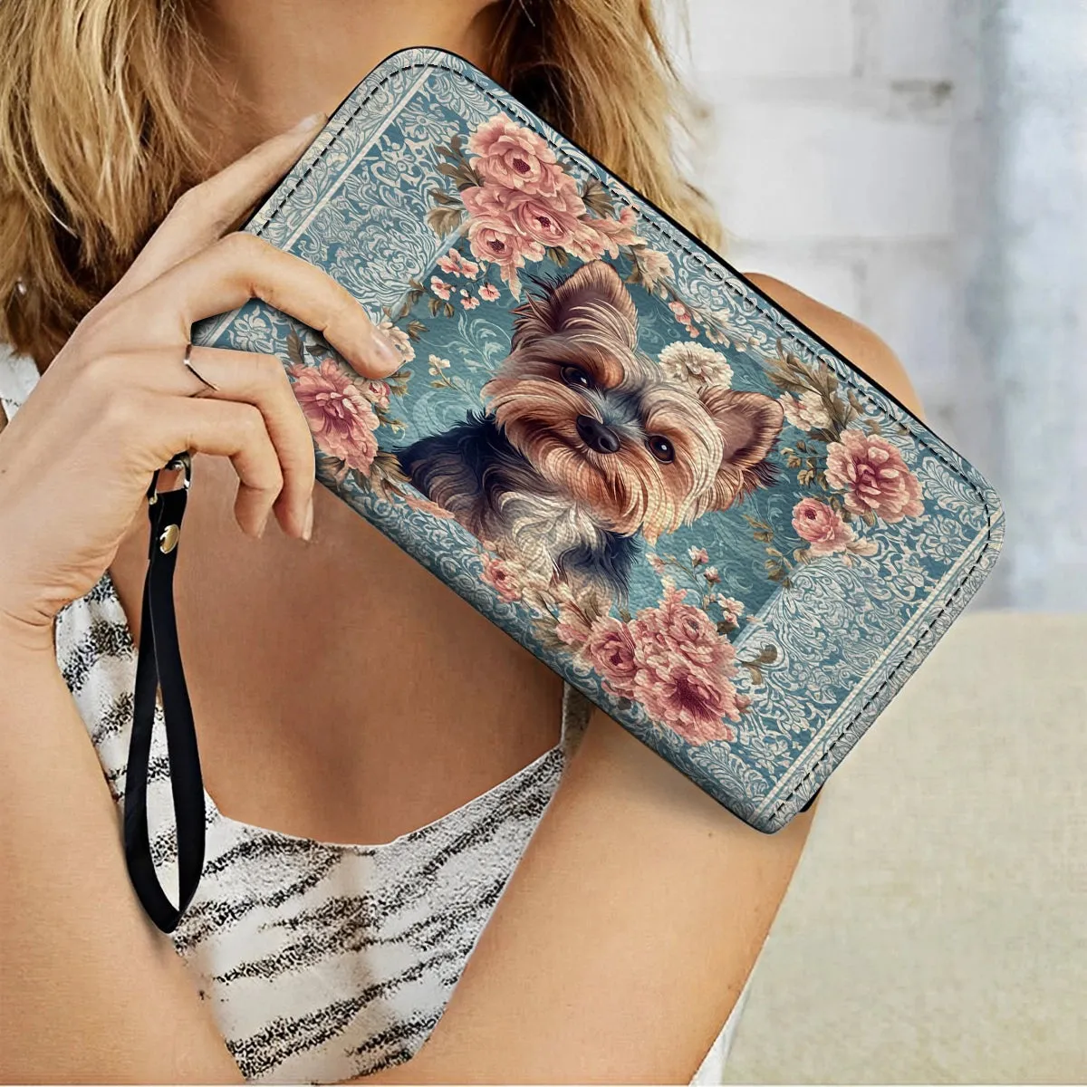 Shineful Leather Clutch Purse With Wristlet Strap Handle Yorkie Rose Bloom Elegance