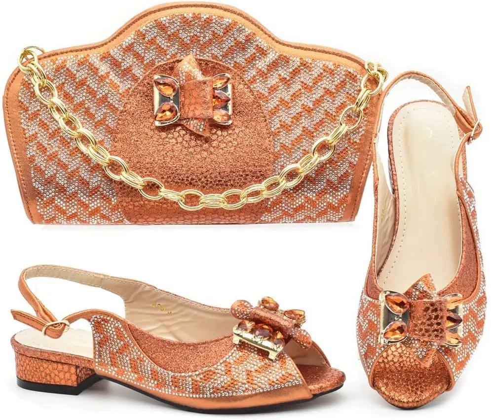 shoe bag set Small metal handle dinner bag rhinestone fish mouth shoes short heels(39)