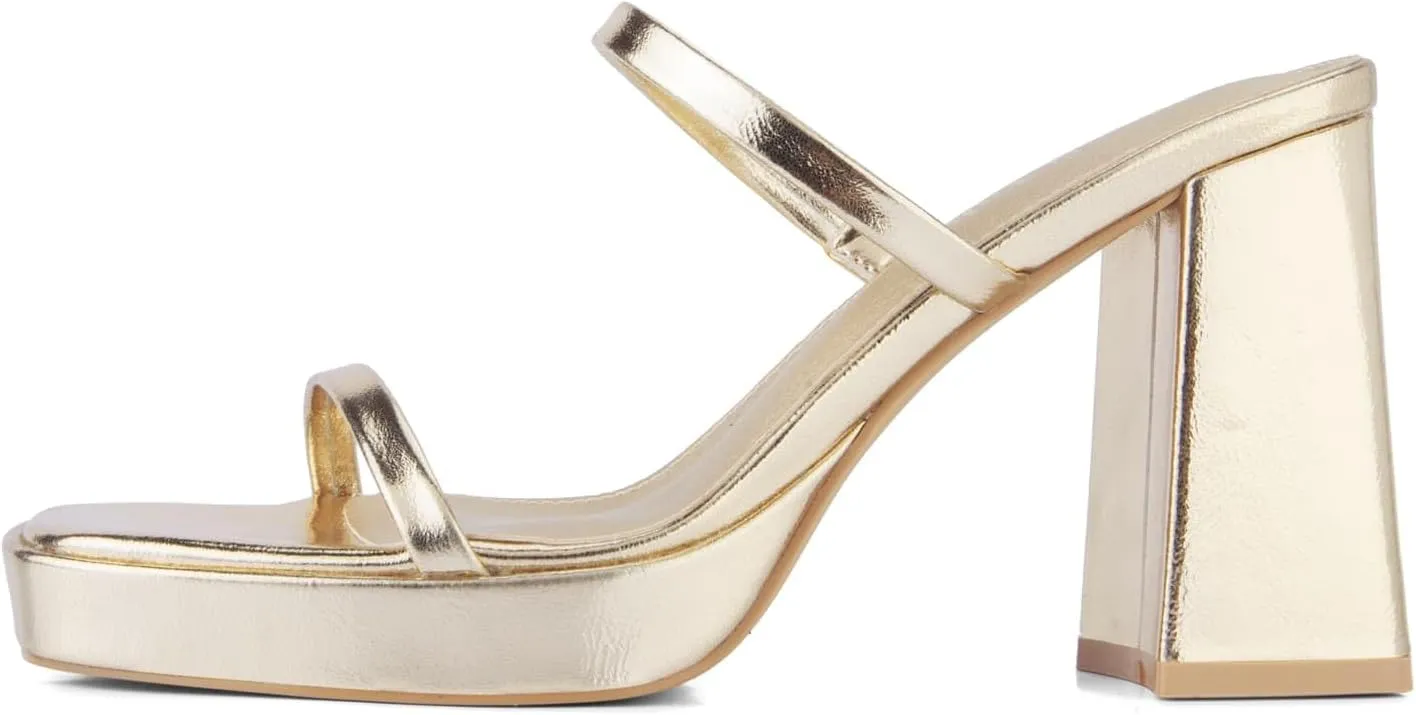 Shoe'N Tale Women's Strappy Pearl Heels Chunky Heels Block Platform Heeled Sandals Square Toe Slip On Comfortable Fashion Dress Shoes