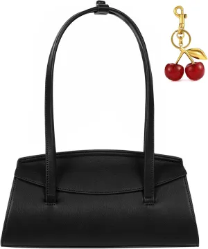 Shoulder Bag for Women Trendy Black Purse Vegan Leather Handbags Small Shoulder Purse Fall Purse with Cherry Charm