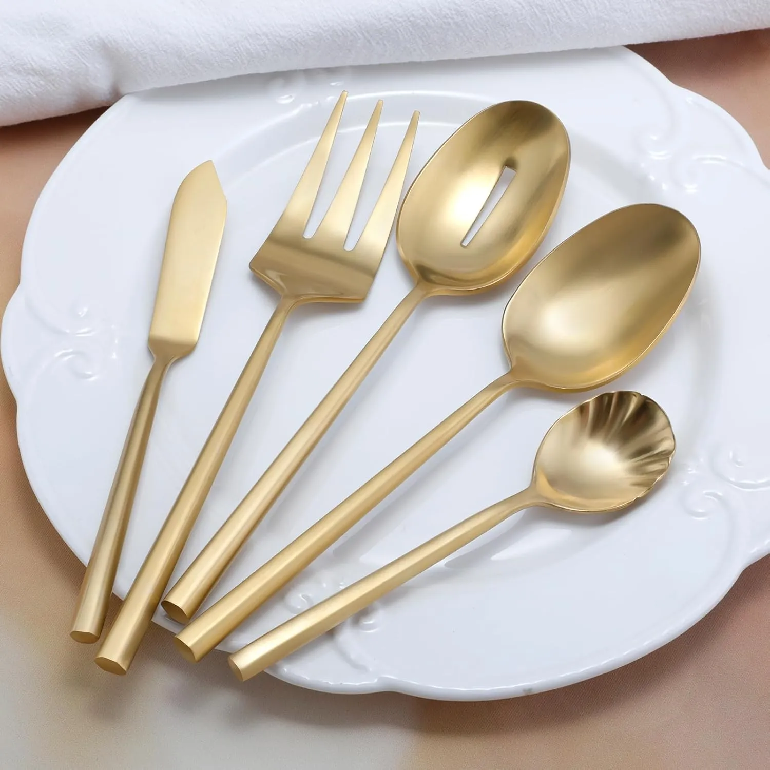 Silverware Set with Serving Utensil Set Matte Gold Flatware Set Hand Forged Stainless Steel Cutlery Set 45 Pieces Matte Finished Hexagon Handle Service for 8, DE1004
