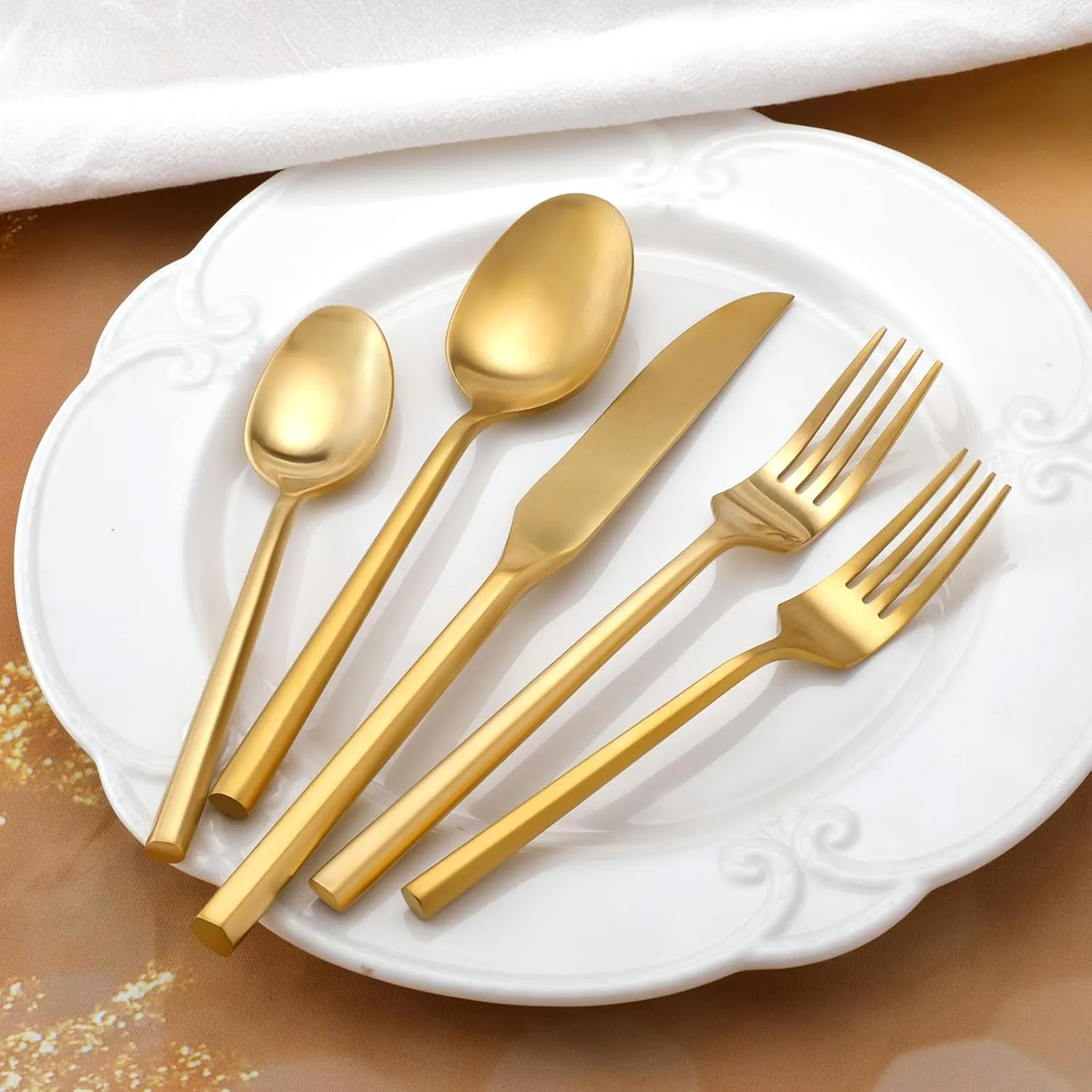 Silverware Set with Serving Utensil Set Matte Gold Flatware Set Hand Forged Stainless Steel Cutlery Set 45 Pieces Matte Finished Hexagon Handle Service for 8, DE1004