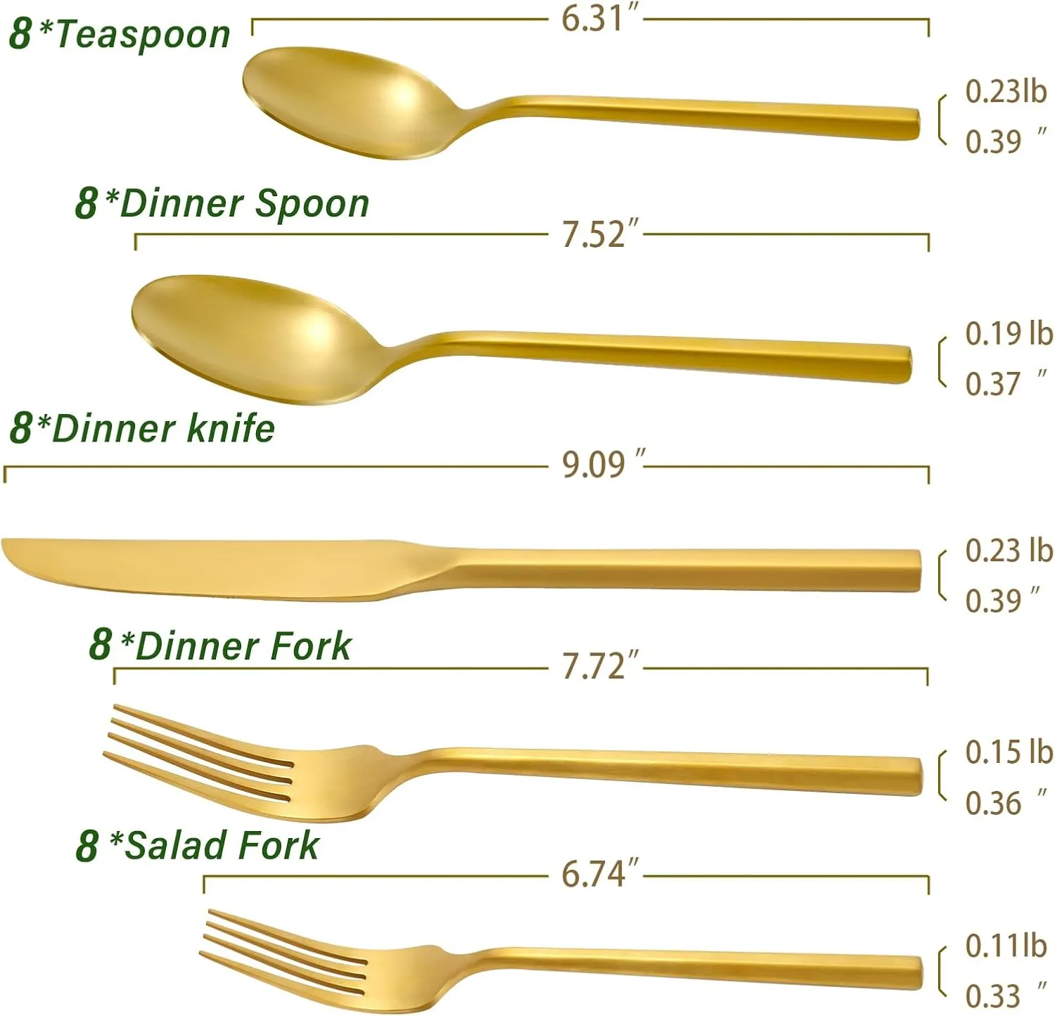 Silverware Set with Serving Utensil Set Matte Gold Flatware Set Hand Forged Stainless Steel Cutlery Set 45 Pieces Matte Finished Hexagon Handle Service for 8, DE1004
