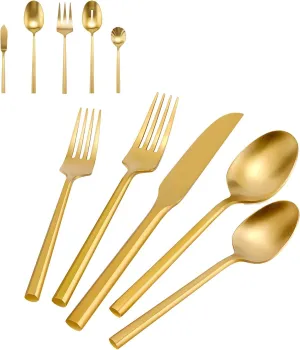 Silverware Set with Serving Utensil Set Matte Gold Flatware Set Hand Forged Stainless Steel Cutlery Set 45 Pieces Matte Finished Hexagon Handle Service for 8, DE1004