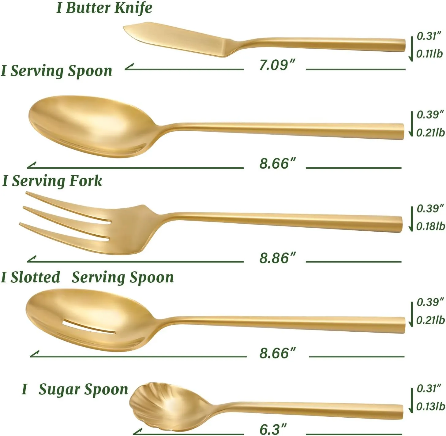 Silverware Set with Serving Utensil Set Matte Gold Flatware Set Hand Forged Stainless Steel Cutlery Set 45 Pieces Matte Finished Hexagon Handle Service for 8, DE1004