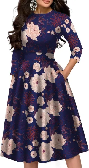 Simple Flavor Women's Floral Vintage Dress Elegant Midi Evening Dress 3/4 Sleeves