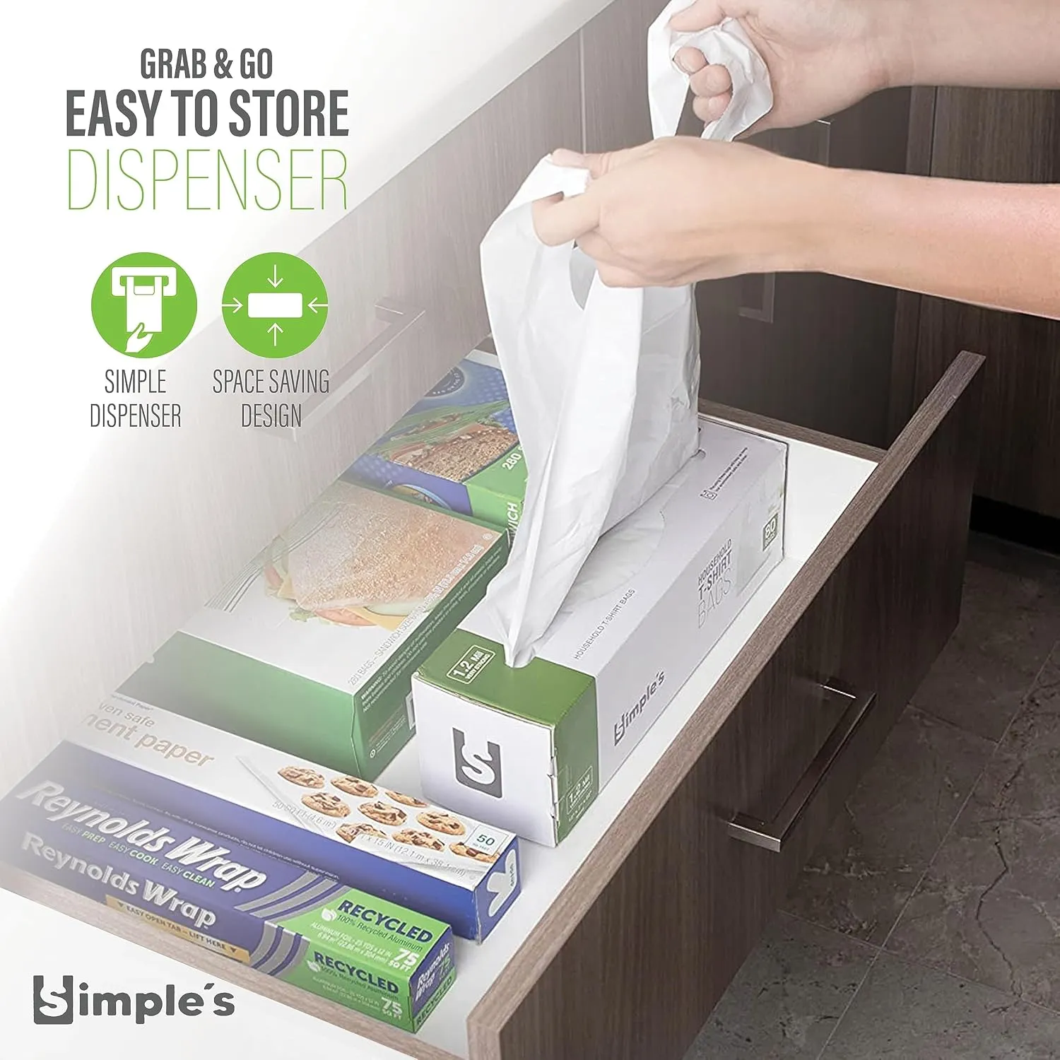 Simple's Plastic Bags with Handles For Small Business,(80 Count) Very Strong Shopping Grocery bags, plastic t-shirts bag, to go bags, Bag Dispenser Roll - Measures 12"x7"x22", 1.2 Mil Thickness