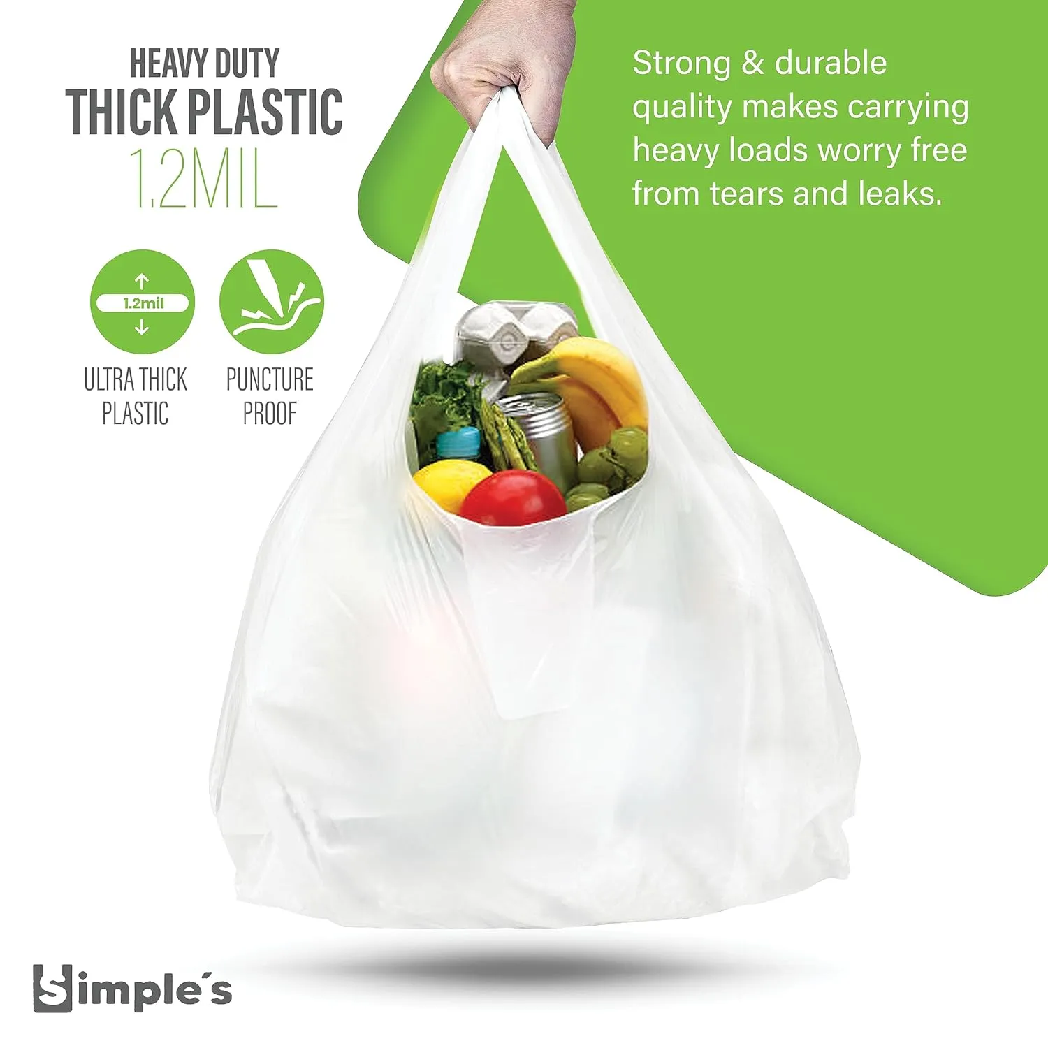 Simple's Plastic Bags with Handles For Small Business,(80 Count) Very Strong Shopping Grocery bags, plastic t-shirts bag, to go bags, Bag Dispenser Roll - Measures 12"x7"x22", 1.2 Mil Thickness