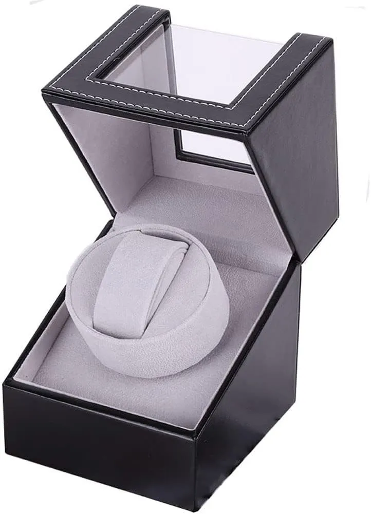 Single Watch Winder for Automatic Watches, Super Quiet, in Wood Shell and Black Leather/Carbon Fiber Leather, Japanese Motor