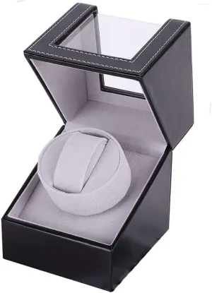 Single Watch Winder for Automatic Watches, Super Quiet, in Wood Shell and Black Leather/Carbon Fiber Leather, Japanese Motor