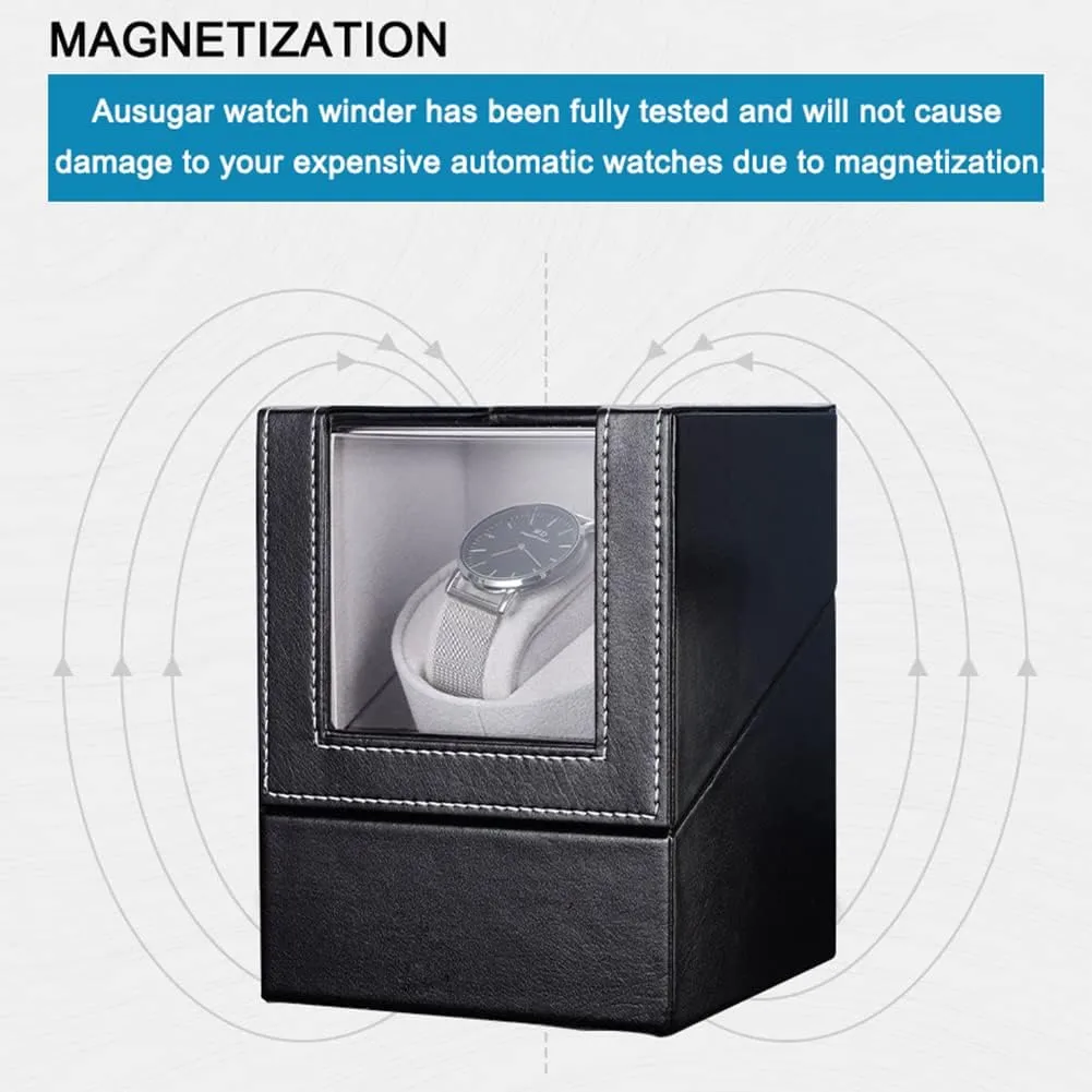 Single Watch Winder for Automatic Watches, Super Quiet, in Wood Shell and Black Leather/Carbon Fiber Leather, Japanese Motor