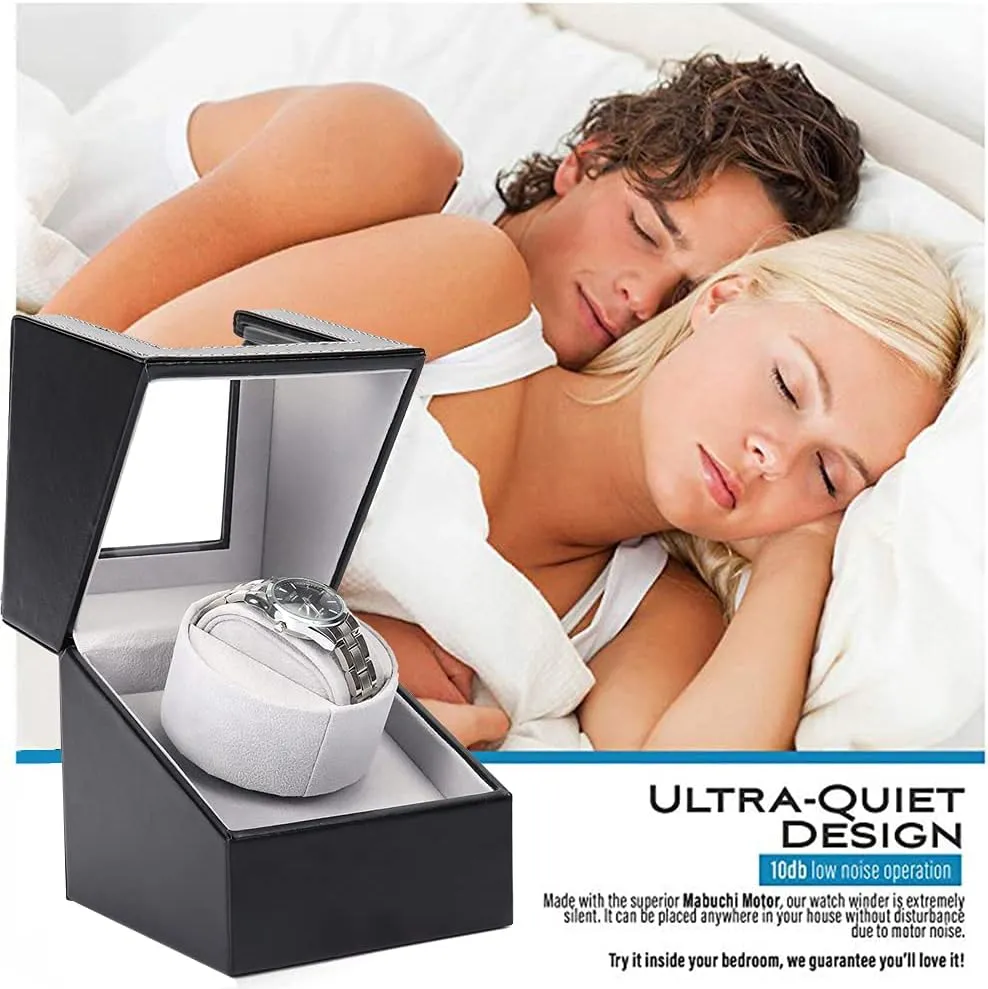 Single Watch Winder for Automatic Watches, Super Quiet, in Wood Shell and Black Leather/Carbon Fiber Leather, Japanese Motor