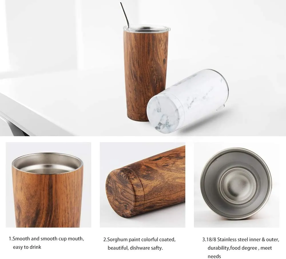 Sivaphe 20 oz Tumbler with Lid and Straw Stainless Steel Travel Coffee Mug Power Coated Thermal Cup for Men and Women Wood Grain