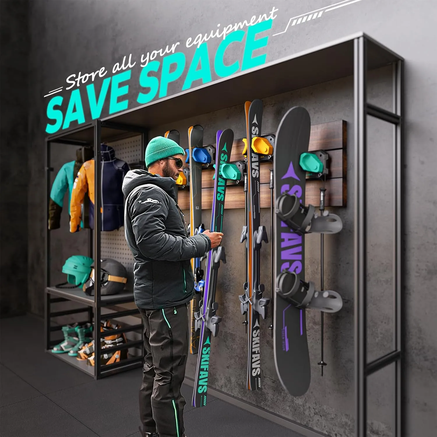 Ski & Snowboard Wall Rack for Garage Wall Fits Any Ski/board, Ski Wall Mount Holders Damage-Free Storage Rack, Garage Organization Space-Saving Winter Gear Organizer, Green, 1 Pack