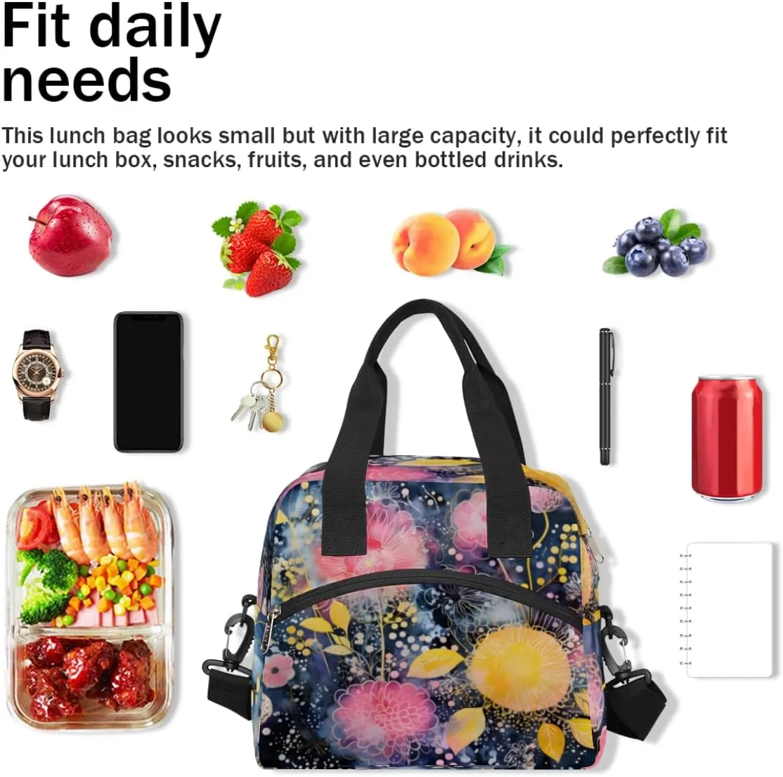 Skull Design Theme Insulated Lunch Bag Women Reusable Lunch Tote for Adult Men Adjustable Shoulder Strap Cooler Durable Lunch Box for Picnic Office Work Travel