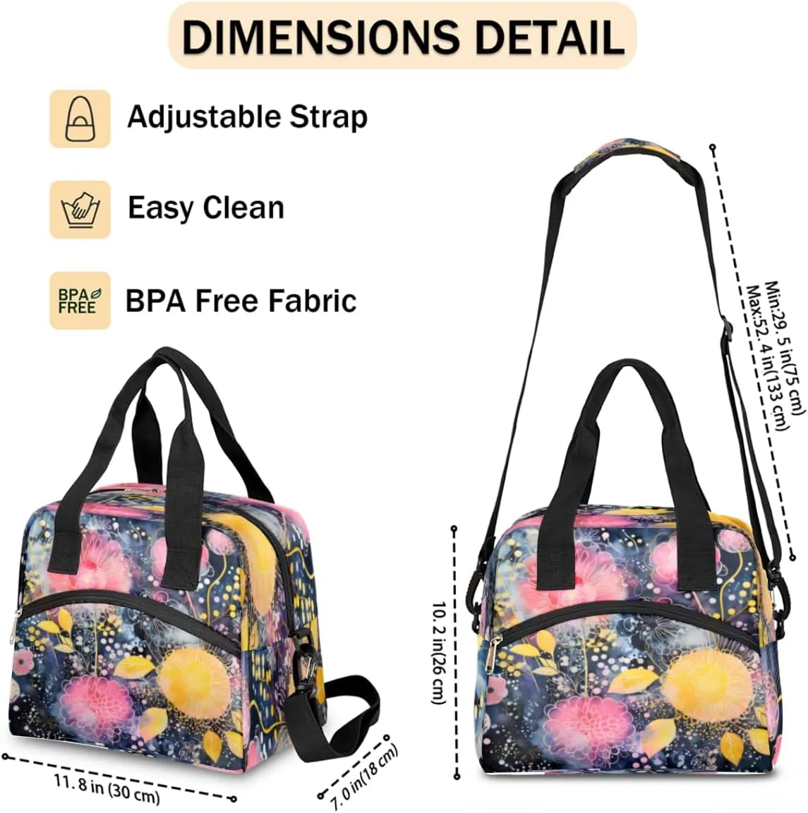 Skull Design Theme Insulated Lunch Bag Women Reusable Lunch Tote for Adult Men Adjustable Shoulder Strap Cooler Durable Lunch Box for Picnic Office Work Travel