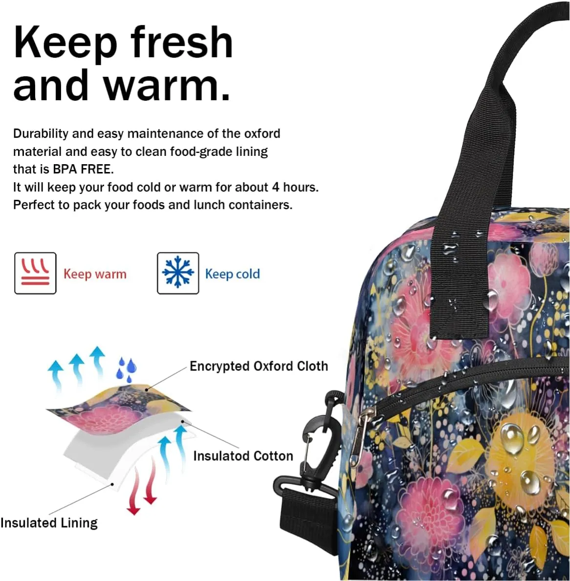 Skull Design Theme Insulated Lunch Bag Women Reusable Lunch Tote for Adult Men Adjustable Shoulder Strap Cooler Durable Lunch Box for Picnic Office Work Travel