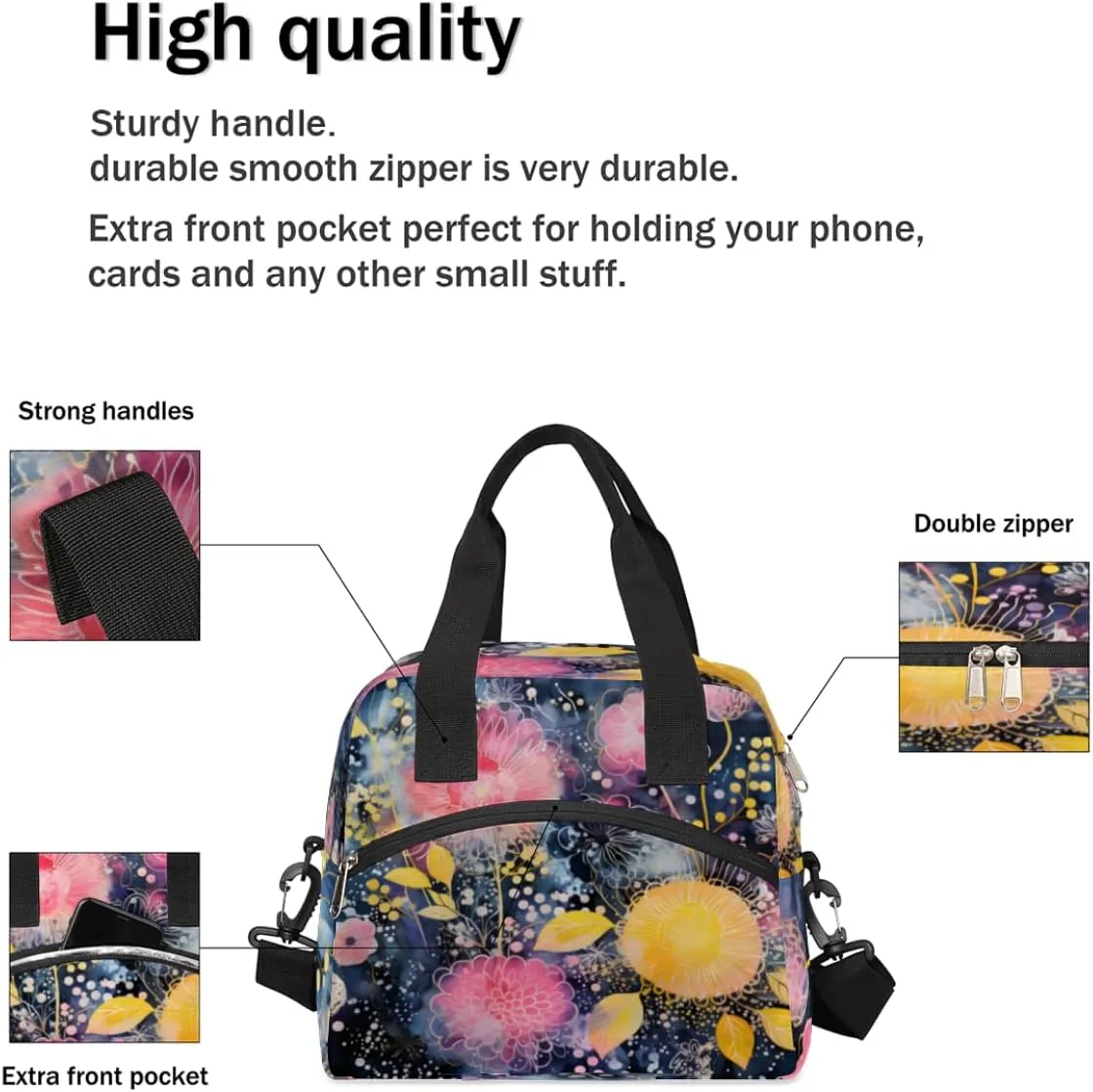 Skull Design Theme Insulated Lunch Bag Women Reusable Lunch Tote for Adult Men Adjustable Shoulder Strap Cooler Durable Lunch Box for Picnic Office Work Travel