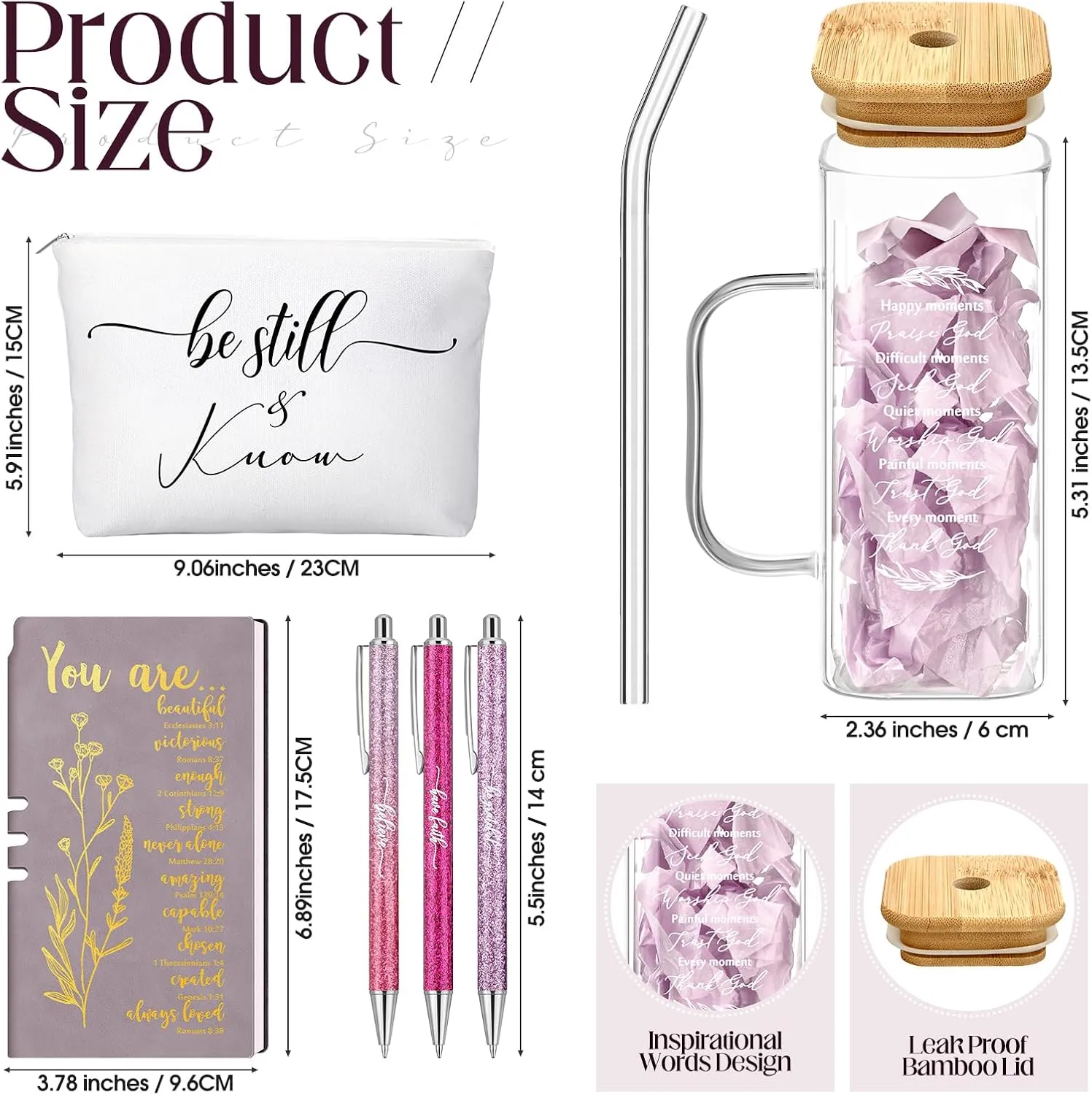 Skylety 6 Pcs Christian Gifts Prayer Journal with Pens Makeup Bag Glass Cup Bible Study Supplies Religious Appreciation Gifts for Women Men Employee Coworker(Purple)