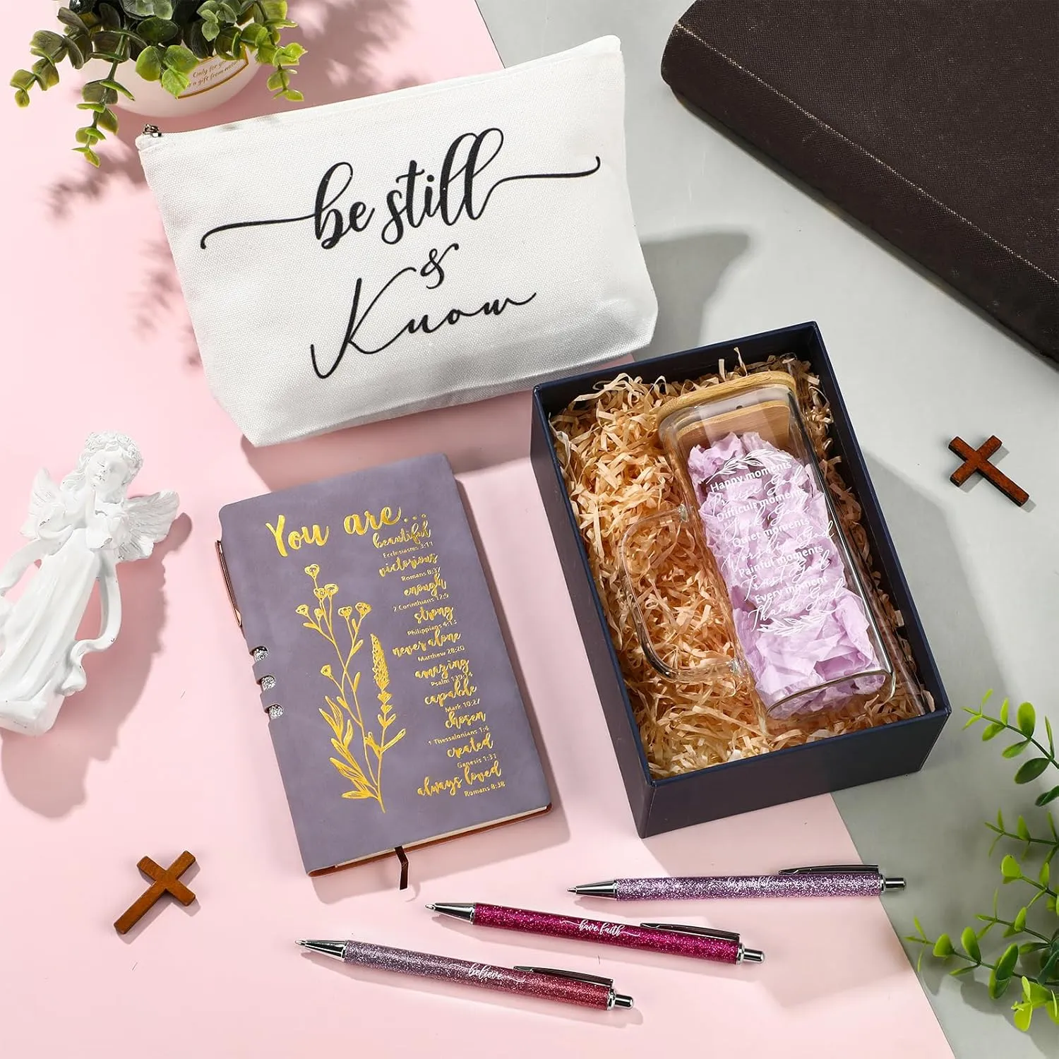 Skylety 6 Pcs Christian Gifts Prayer Journal with Pens Makeup Bag Glass Cup Bible Study Supplies Religious Appreciation Gifts for Women Men Employee Coworker(Purple)