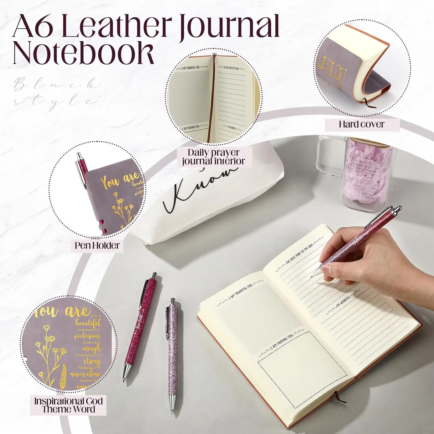Skylety 6 Pcs Christian Gifts Prayer Journal with Pens Makeup Bag Glass Cup Bible Study Supplies Religious Appreciation Gifts for Women Men Employee Coworker(Purple)