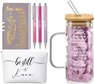 Skylety 6 Pcs Christian Gifts Prayer Journal with Pens Makeup Bag Glass Cup Bible Study Supplies Religious Appreciation Gifts for Women Men Employee Coworker(Purple)