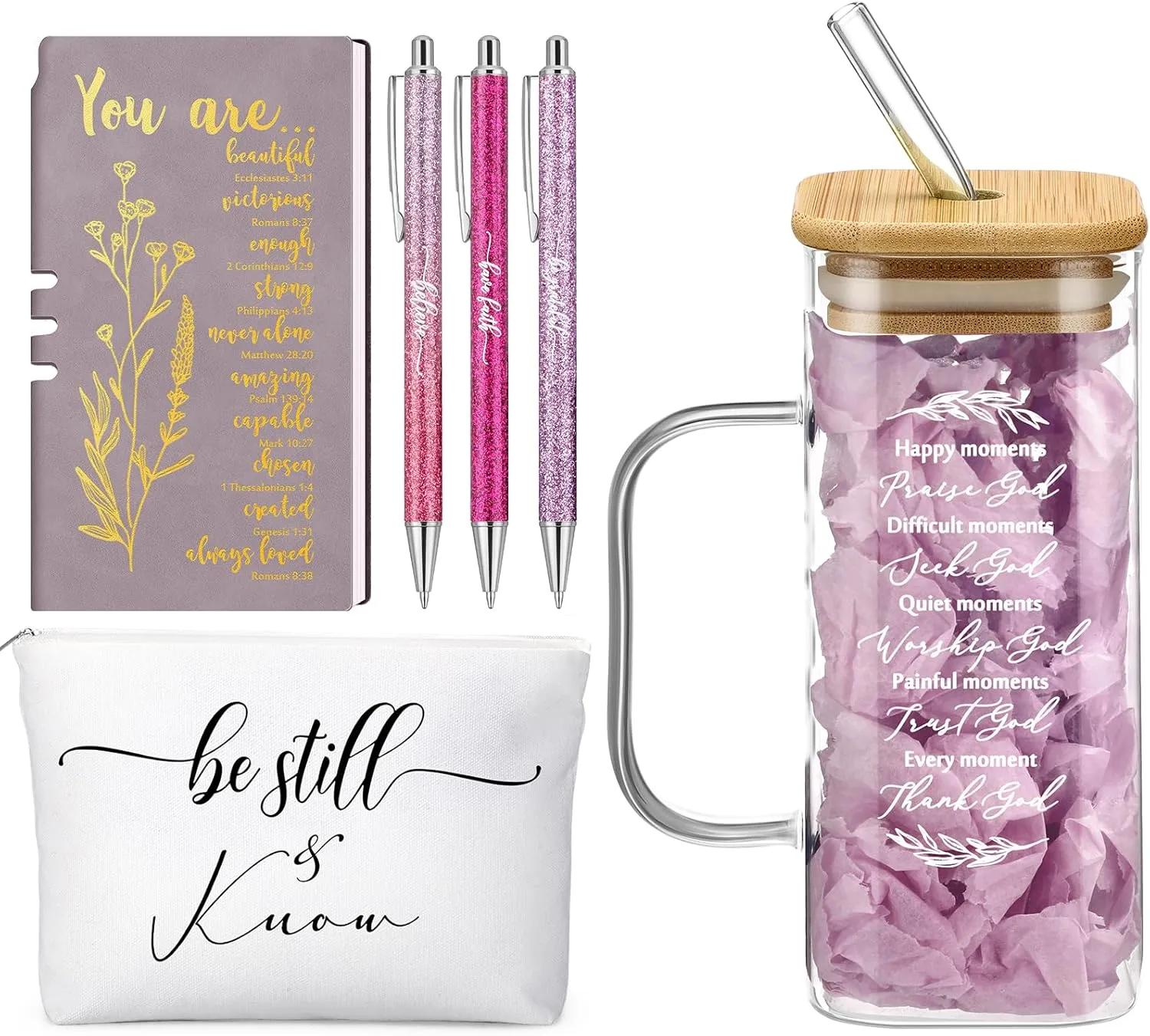 Skylety 6 Pcs Christian Gifts Prayer Journal with Pens Makeup Bag Glass Cup Bible Study Supplies Religious Appreciation Gifts for Women Men Employee Coworker(Purple)