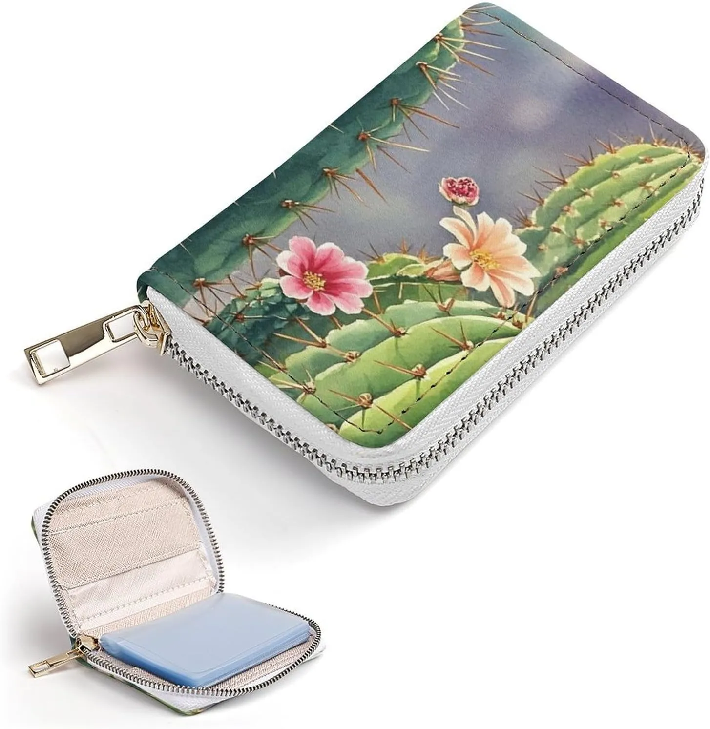 Slim Credit Card Holder Minimalist Long Cactus Printing Leather Card Bag Compact Card Organizer For Daily Use