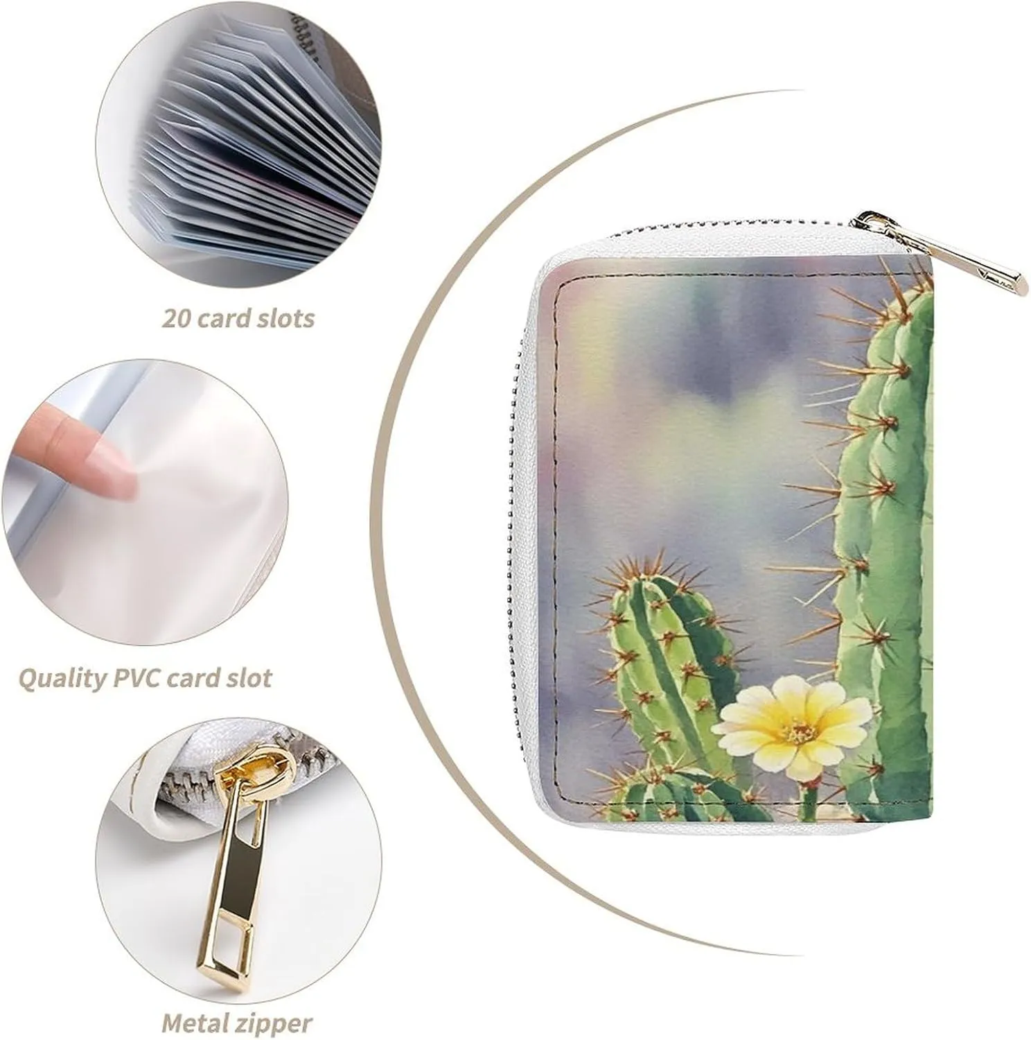 Slim Credit Card Holder Minimalist Long Cactus Printing Leather Card Bag Compact Card Organizer For Daily Use