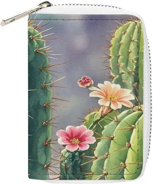 Slim Credit Card Holder Minimalist Long Cactus Printing Leather Card Bag Compact Card Organizer For Daily Use