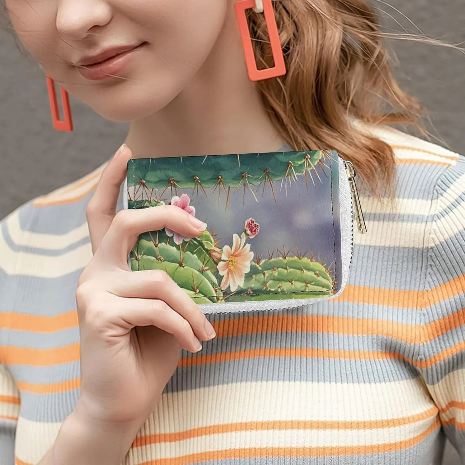 Slim Credit Card Holder Minimalist Long Cactus Printing Leather Card Bag Compact Card Organizer For Daily Use
