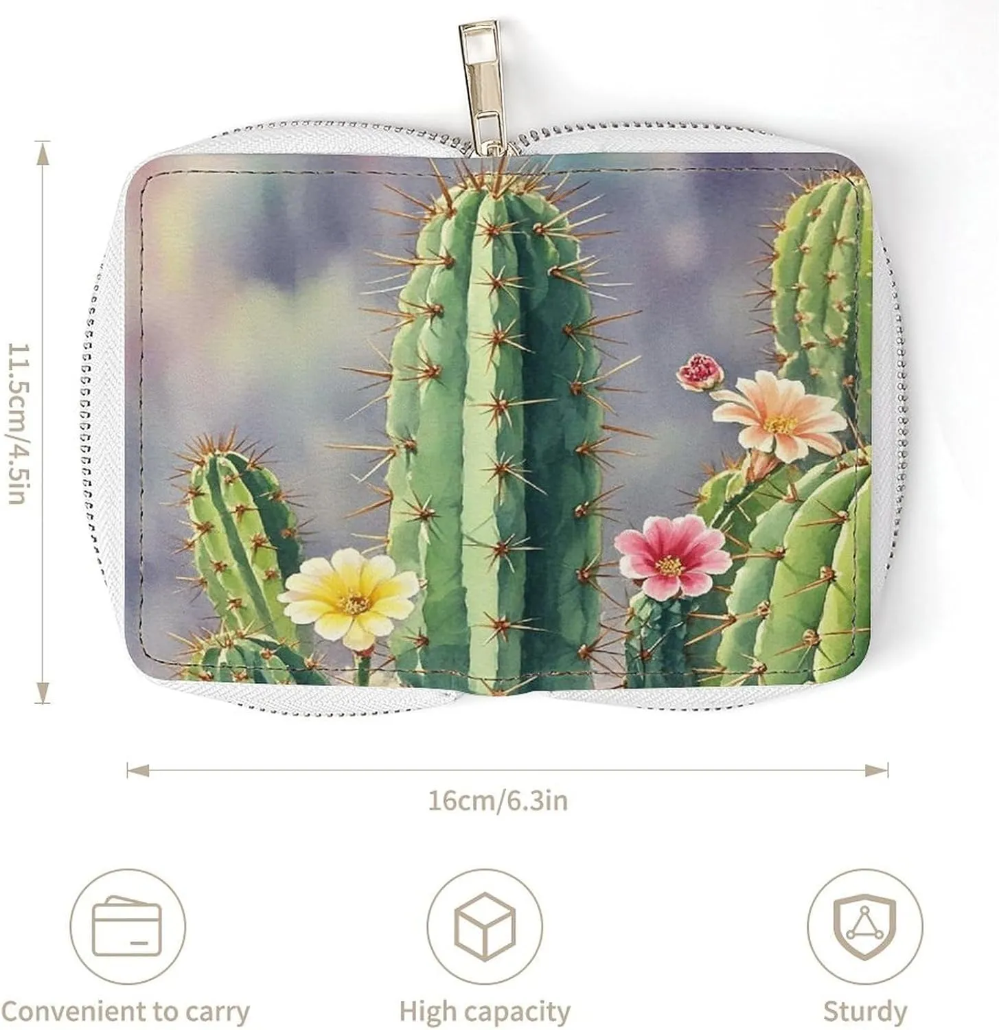 Slim Credit Card Holder Minimalist Long Cactus Printing Leather Card Bag Compact Card Organizer For Daily Use