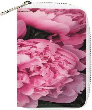 Slim Credit Card Holder Minimalist Pink Peony Printing Leather Card Bag Compact Card Organizer For Daily Use