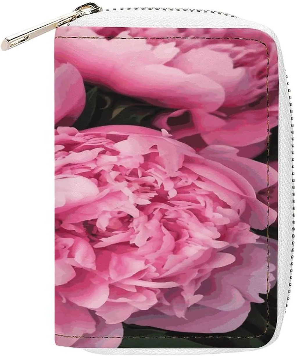 Slim Credit Card Holder Minimalist Pink Peony Printing Leather Card Bag Compact Card Organizer For Daily Use
