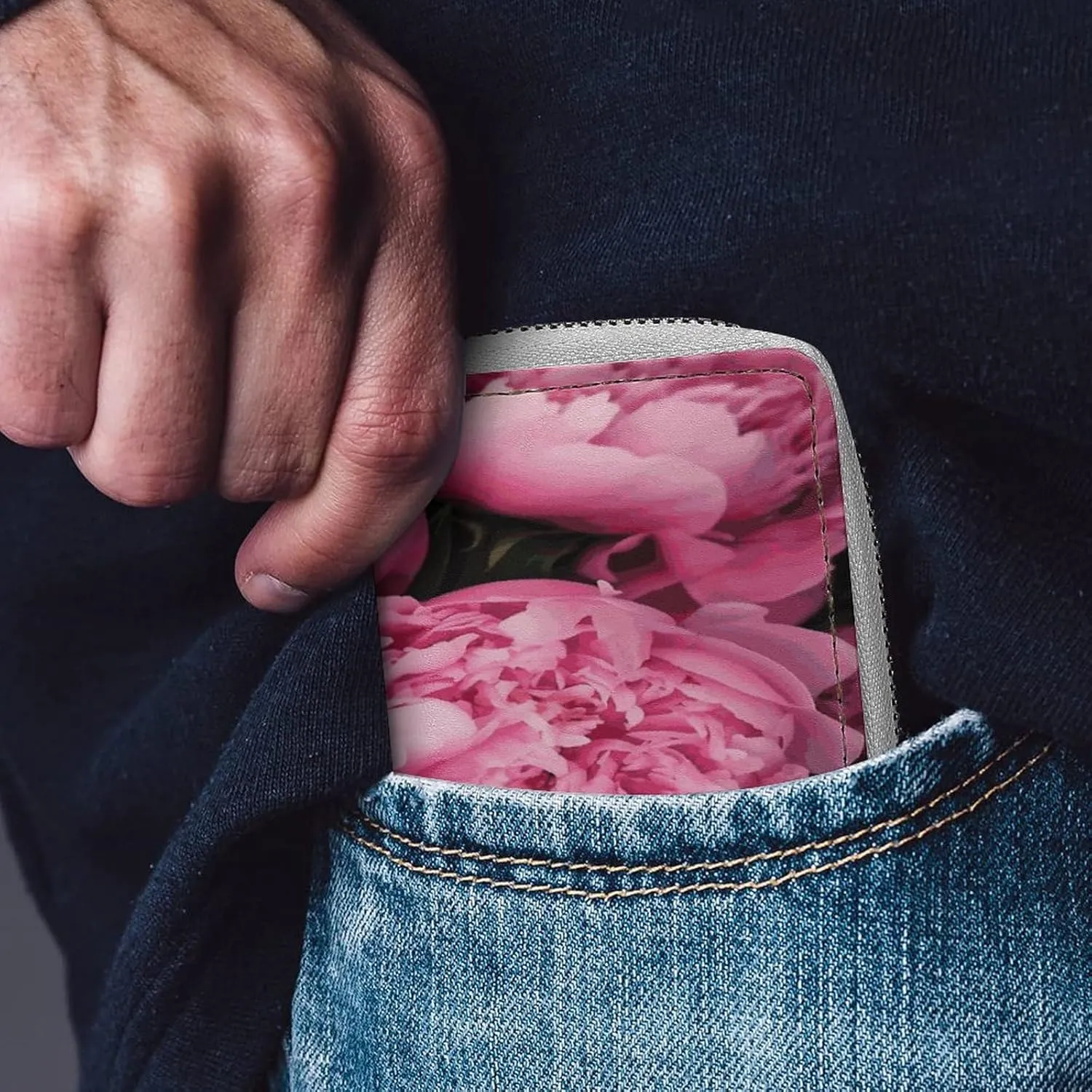 Slim Credit Card Holder Minimalist Pink Peony Printing Leather Card Bag Compact Card Organizer For Daily Use