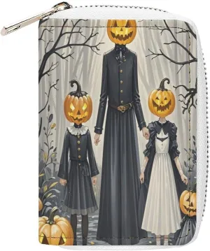 Slim Credit Card Holder Minimalist Pumpkin Family Printing Leather Card Bag Compact Card Organizer For Daily Use