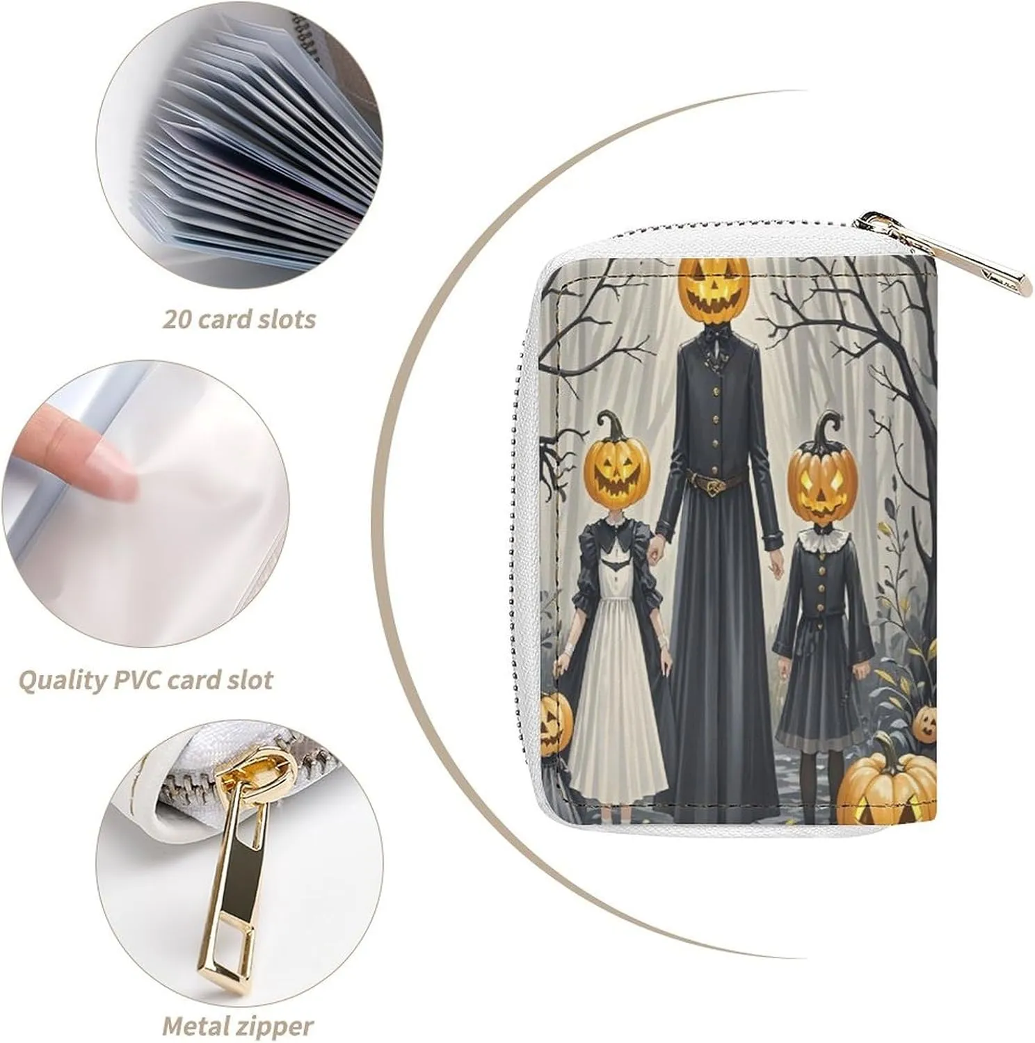 Slim Credit Card Holder Minimalist Pumpkin Family Printing Leather Card Bag Compact Card Organizer For Daily Use