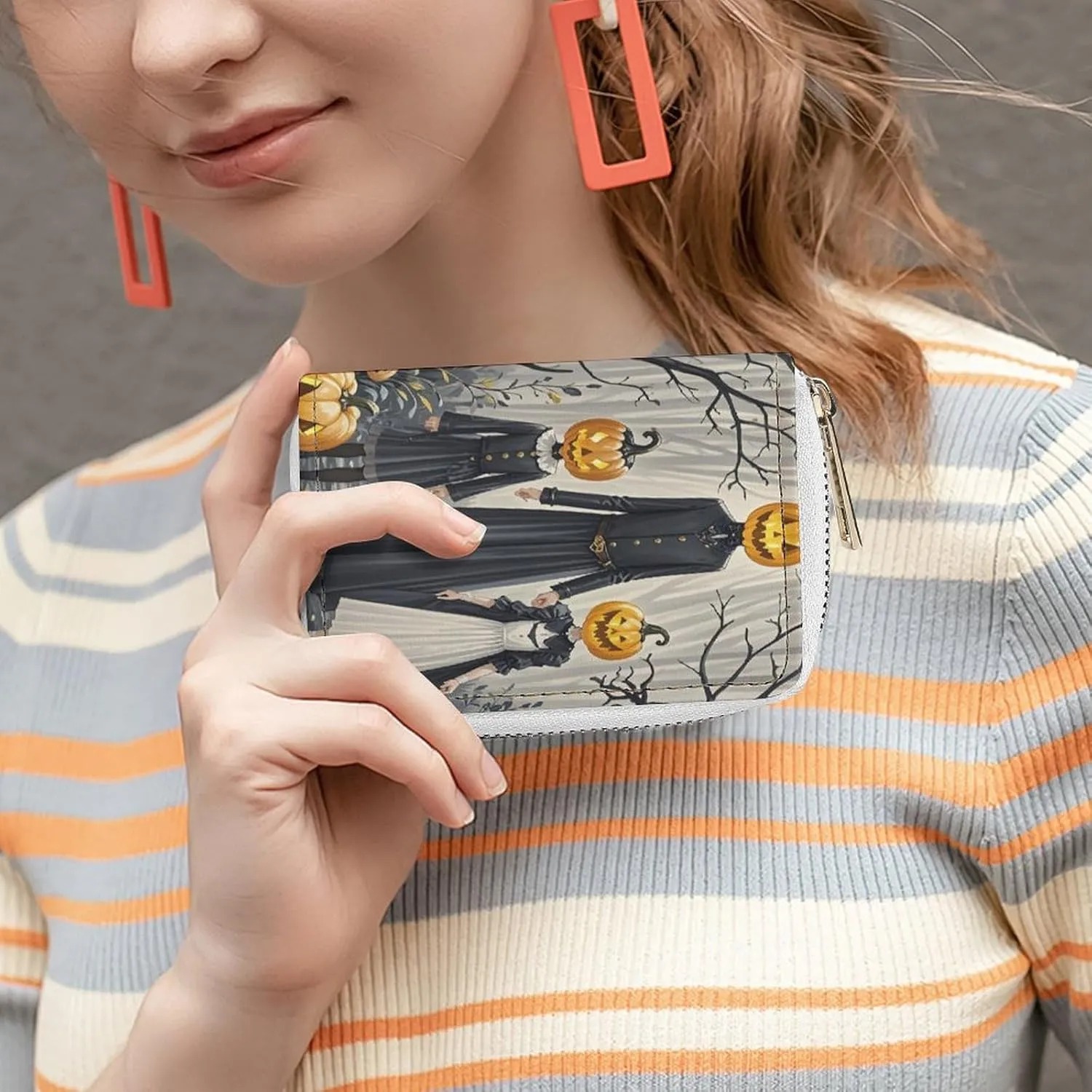 Slim Credit Card Holder Minimalist Pumpkin Family Printing Leather Card Bag Compact Card Organizer For Daily Use