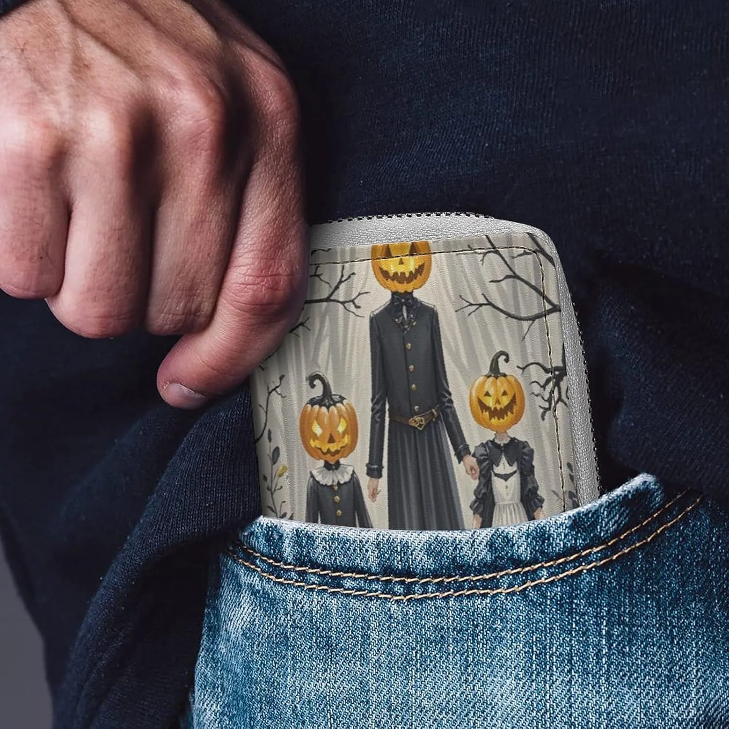Slim Credit Card Holder Minimalist Pumpkin Family Printing Leather Card Bag Compact Card Organizer For Daily Use