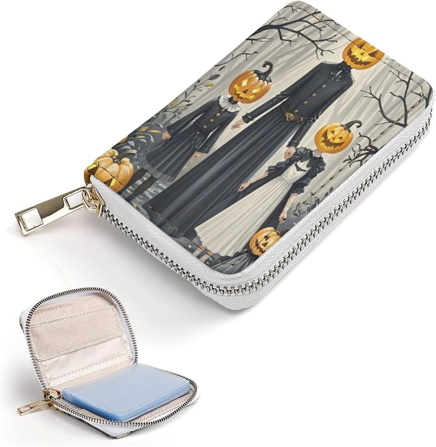 Slim Credit Card Holder Minimalist Pumpkin Family Printing Leather Card Bag Compact Card Organizer For Daily Use