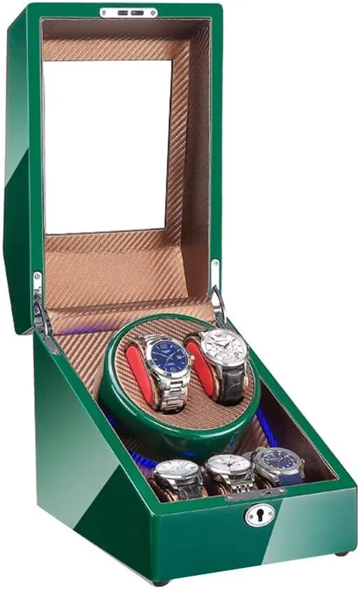 SLM-max Automatic Watch Winder,Automatic Watch Winder Box 2 3, with Blue LED Light, Green Piano Paint Exterior, 4 Rotation Modes, Quite Motors (Color : B)