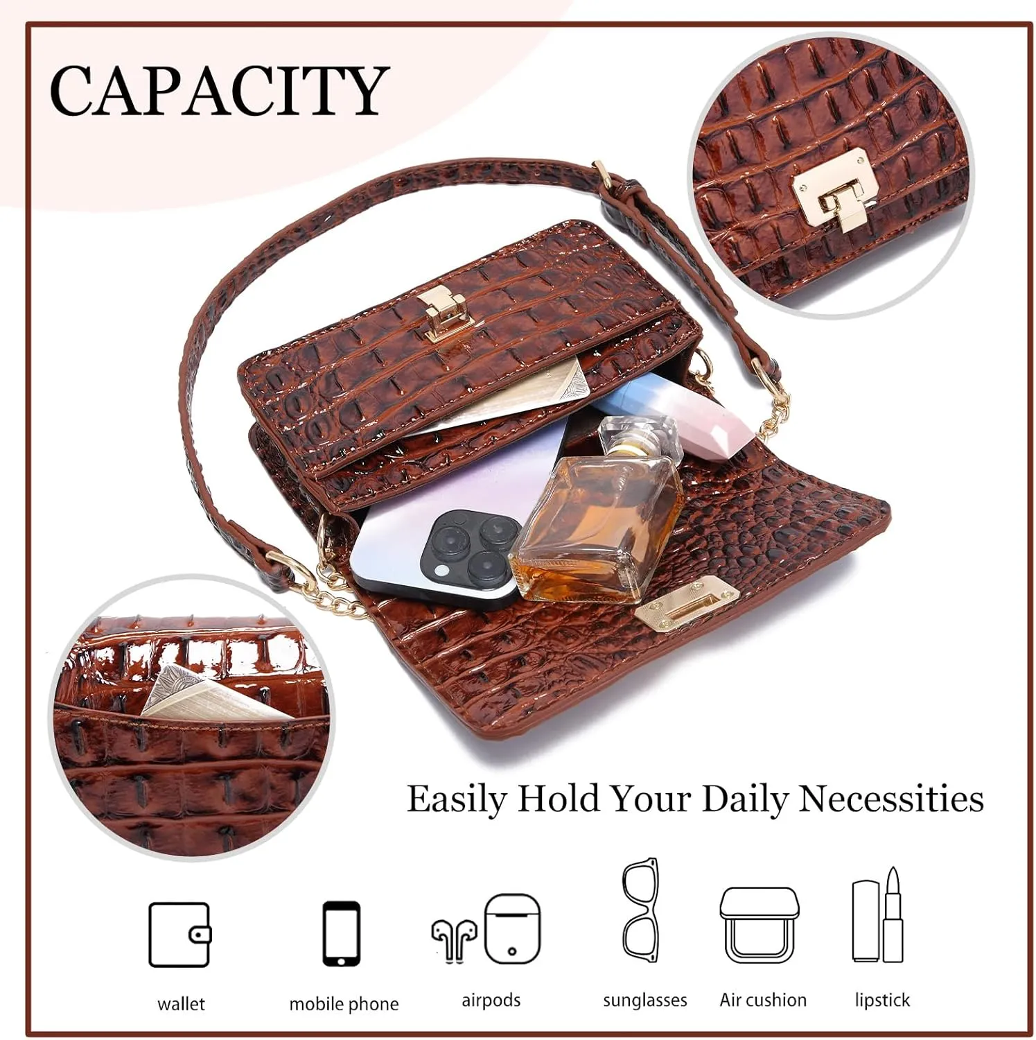 Small Crocodile Crossbody Cell Phone Purse for women Vegan Leather Clutch Wallet with Leather Shoulder Strap