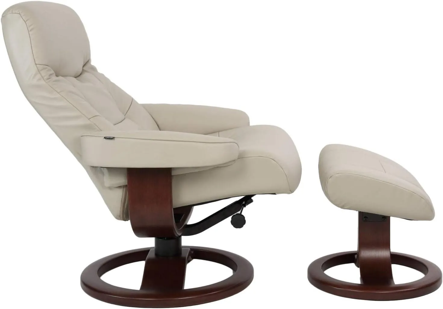 Small Leather Ergonomic Swivel Recliner Chair with Ottoman in Sandel NL 121 Nordic Line Leather with a Charcoal Wood Stain Base