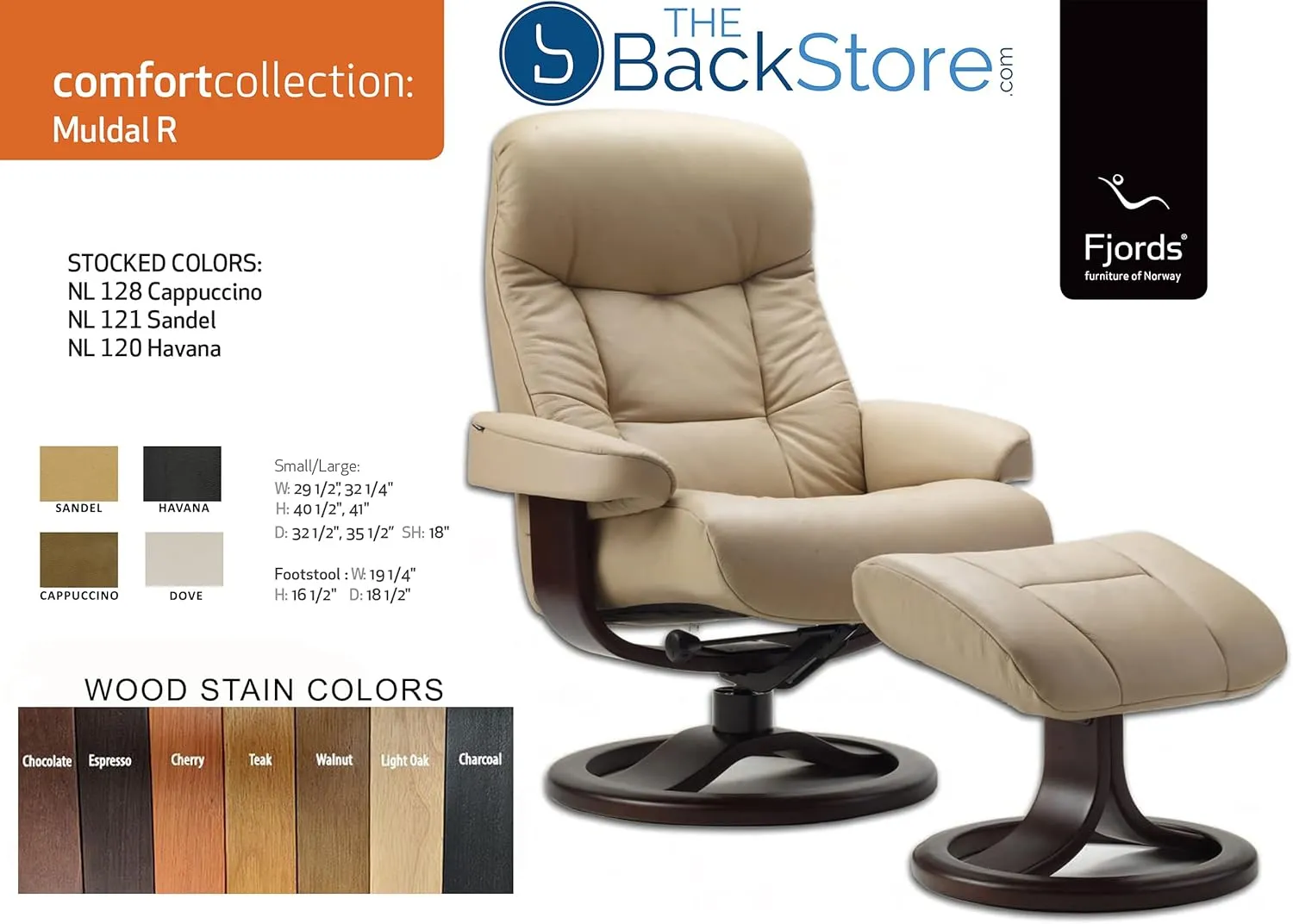 Small Leather Ergonomic Swivel Recliner Chair with Ottoman in Sandel NL 121 Nordic Line Leather with a Charcoal Wood Stain Base
