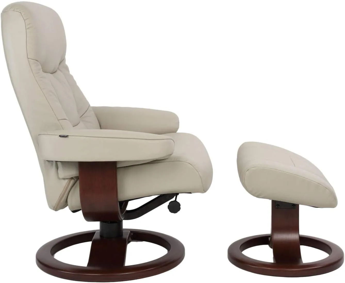 Small Leather Ergonomic Swivel Recliner Chair with Ottoman in Sandel NL 121 Nordic Line Leather with a Charcoal Wood Stain Base
