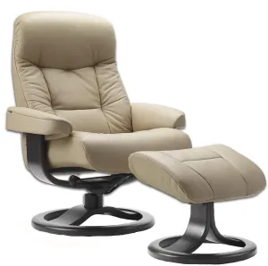 Small Leather Ergonomic Swivel Recliner Chair with Ottoman in Sandel NL 121 Nordic Line Leather with a Charcoal Wood Stain Base