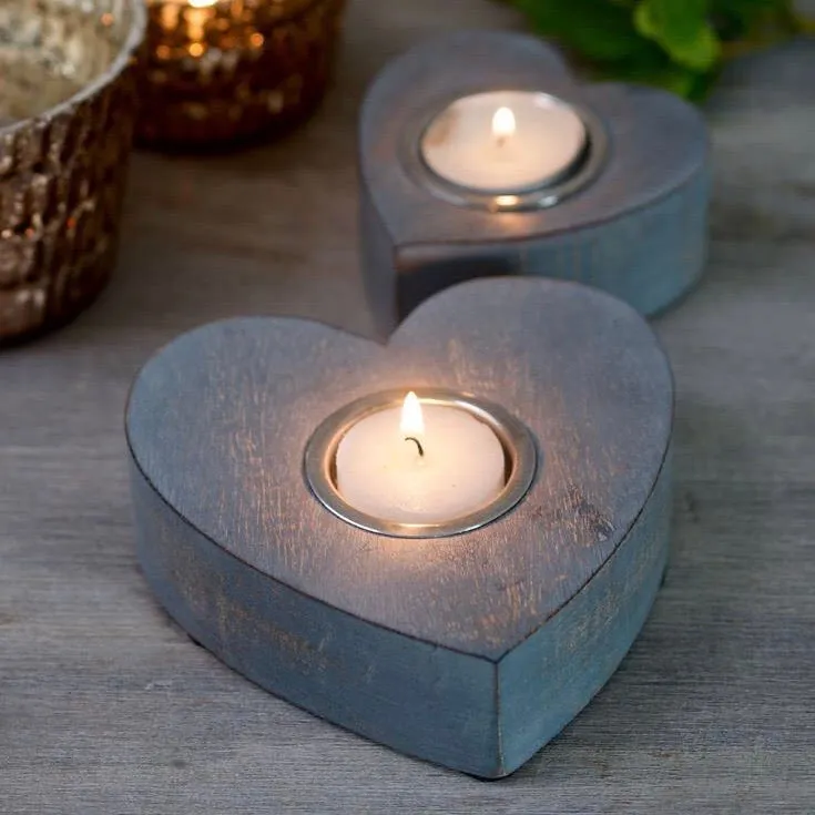 Small Wooden Grey Heart Tea Light Holder